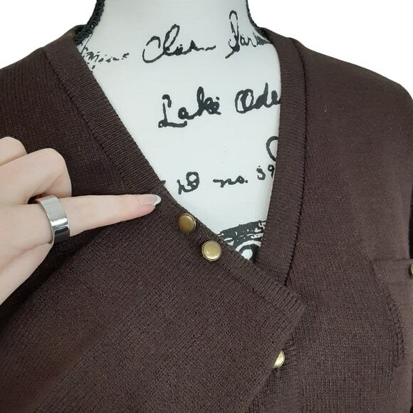 Vintage 80s Chocolate Brown Cardigan Sweater Equestrian V Neck Womens L Minimal - Picture 3 of 9
